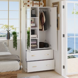Famapy Wardrobe Clothes Organiser Multi Storage with Mirror and Hanging Rods - 1 of 4