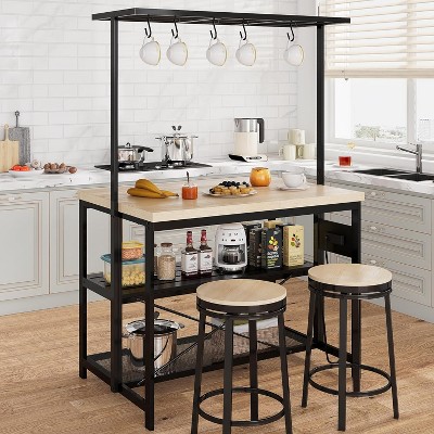 47" Versatile Kitchen Island with Storage – Durable Wood & Steel Design, Microwave Shelf, 3-Tier Open Shelves, 5 Hooks(Natural)