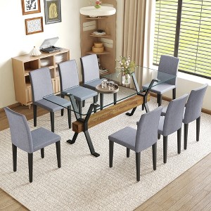 9-Piece Dining Set with Tempered Glass Table and 8 PU Armless Chairs - 1 of 4