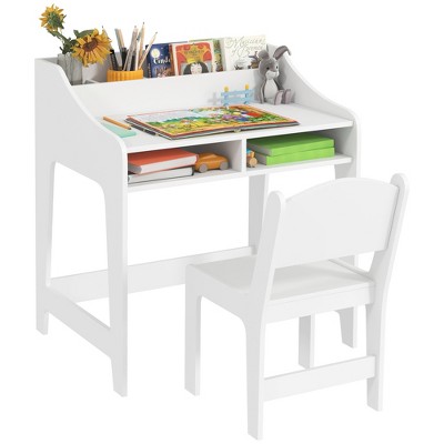 Qaba Kids Desk and Chair Set, Children Study Table with Storage Shelves, Student Writing Desk for Bedroom & Study Room, 3-8 Years Old