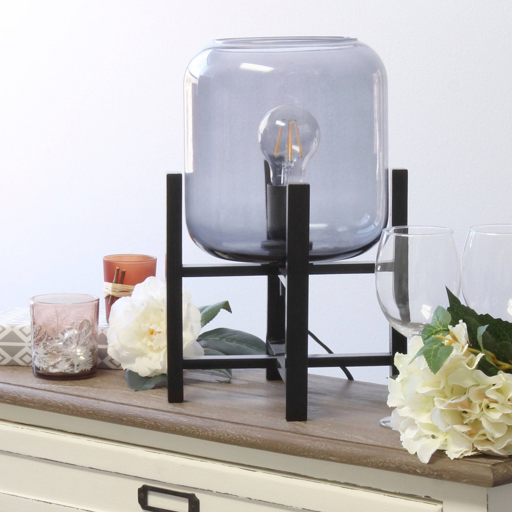 Wood Mounted Table Lamp with Glass Cylinder Shade Smoke - Simple Designs: ETL Listed, Modern Desk Lighting