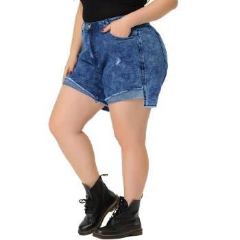 Agnes Orinda Women's Plus Size High Rise Fashion Denim Roll-Up Stretched Ripped Jean Shorts