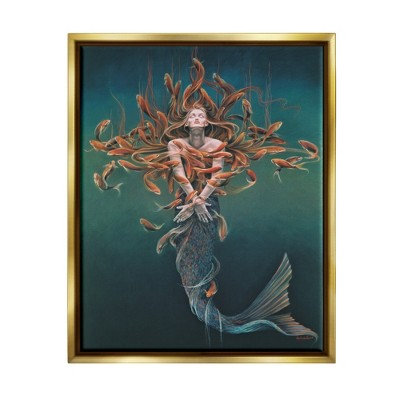 Stupell Industries Mermaid Fish Swirling Painting Framed Floater Canvas Wall Art