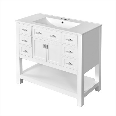Ridstar 34.1 in. H White Modern Bathroom Storage Cabinet with 2 Soft Closing Doors and 6 Drawers