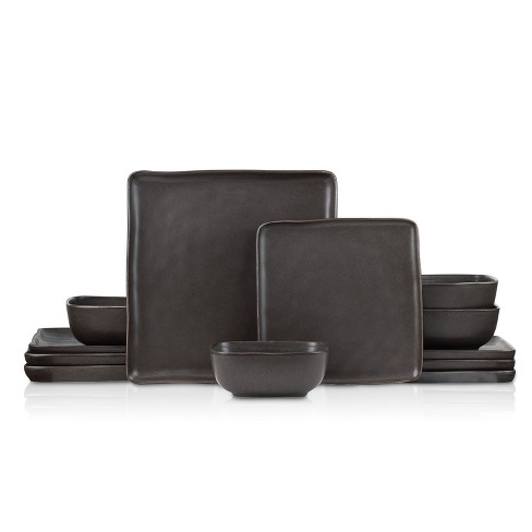 12 Piece Square Stoneware Dinnerware Set in Grey and Black