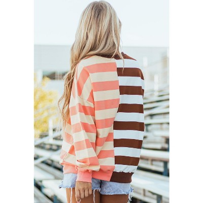 Brown Stripe Color Block Drop Shoulder Pullover Sweatshirt