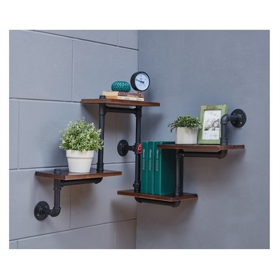 Industrial Chic 26" Black Iron and Wood Wall Shelving Unit
