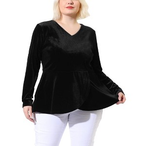 Agnes Orinda Women's Plus Size V Neck Tulip Hem Long Sleeve Peplum Velvet Blouses - 1 of 4