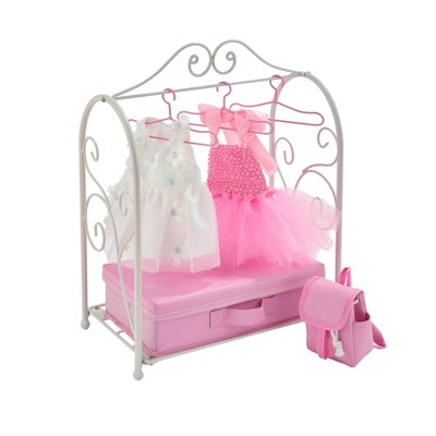 Badger Basket Scrollwork Metal Doll Armoire with Storage Dresses and Accessories - White/Pink