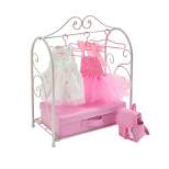 Badger Basket Scrollwork Metal Doll Armoire with Storage Dresses and Accessories - White/Pink