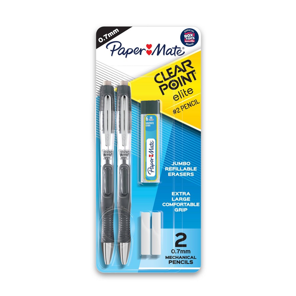 Photos - Pen Paper Mate Clear Point Elite 2pk #2 Mechanical Pencils with Eraser & Refill 0.7mm Black: Rubber Grip, Pocket Clip, Plastic 