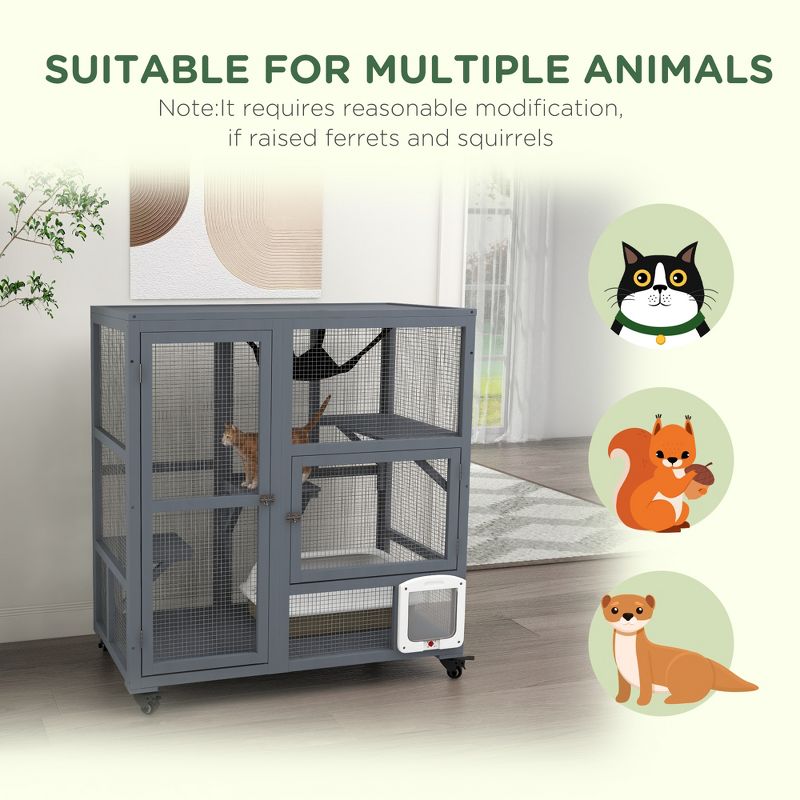 PawHut Cat House, Indoor Cat Enclosure on Wheels, Wooden Kitty Cage with Platforms, Hammock & Openable Top for 2 Cats, 39", 5 of 7