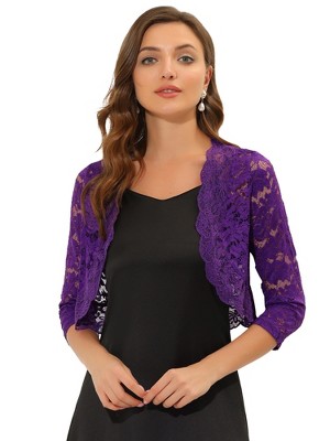 INSPIRE CHIC Women's Elegant 3/4 Sleeve Sheer Floral Lace Open Front Crop Shrug