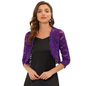 INSPIRE CHIC Women's Elegant 3/4 Sleeve Sheer Floral Lace Open Front Crop Shrug - 1 of 4