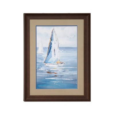 17.5" x 23.5" Coastal Decor Sailboat Painting Print Rectangular Brown Wood Frame Blue - Olivia & May