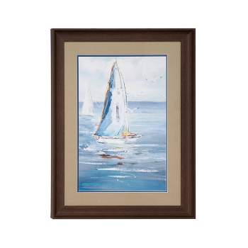 17.5" x 23.5" Coastal Decor Sailboat Painting Print Rectangular Brown Wood Frame Blue - Olivia & May