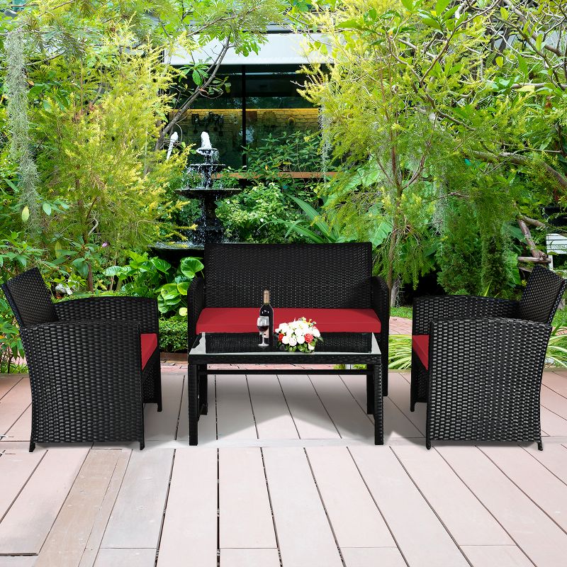 Tangkula 4 Piece Outdoor Patio Rattan Furniture Set Red Cushioned Seat For Garden, porch, Lawn, 3 of 9