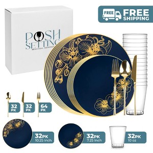 Posh Setting 224 Piece Royal Blue And Gold Plastic Party Bundle - Orchid (32 Settings) - 1 of 4