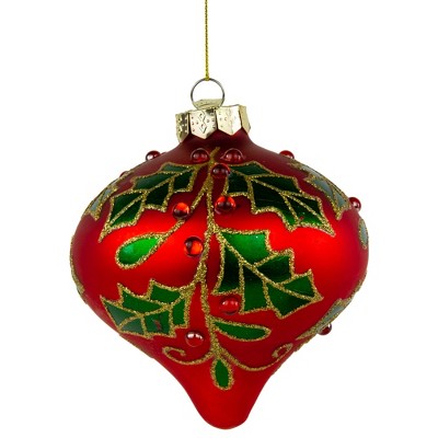 Northlight 4.5" Red Glass Christmas Ornament with Holly Leaves