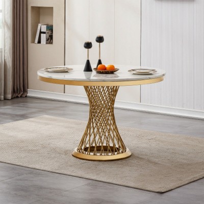 47'' Modern High Gloss Faux Marble Round Dining Table with Stainless Steel Base, Contemporary Kitchen or Dining Room Table – The Pop Home