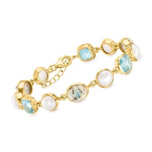 Ross-Simons 7.5-8mm Cultured Pearl, Gray Jasper and 7.00 ct. t.w. Sky Blue Topaz Bracelet in 18kt Gold Over Sterling Size 7 - 1 of 4