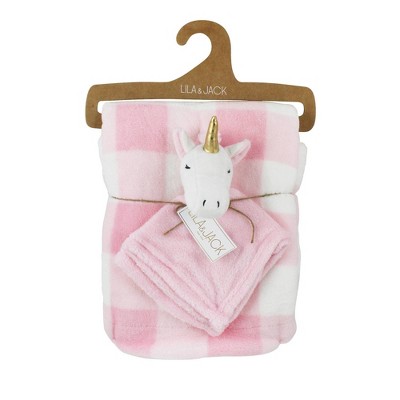 Lila and Jack Pink and White Gingham Print Fleece Kids' Throw with White and Pink Unicorn Lovey Set