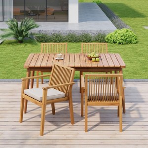 Christopher Knight Home Fiora Farmhouse 5 Piece Patio Acacia Wood Dining Set with Cushions - 1 of 4
