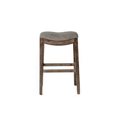 HomeRoots 31" Gray and Brown Fabric and Solid Wood Backless Bar Height Bar Chair