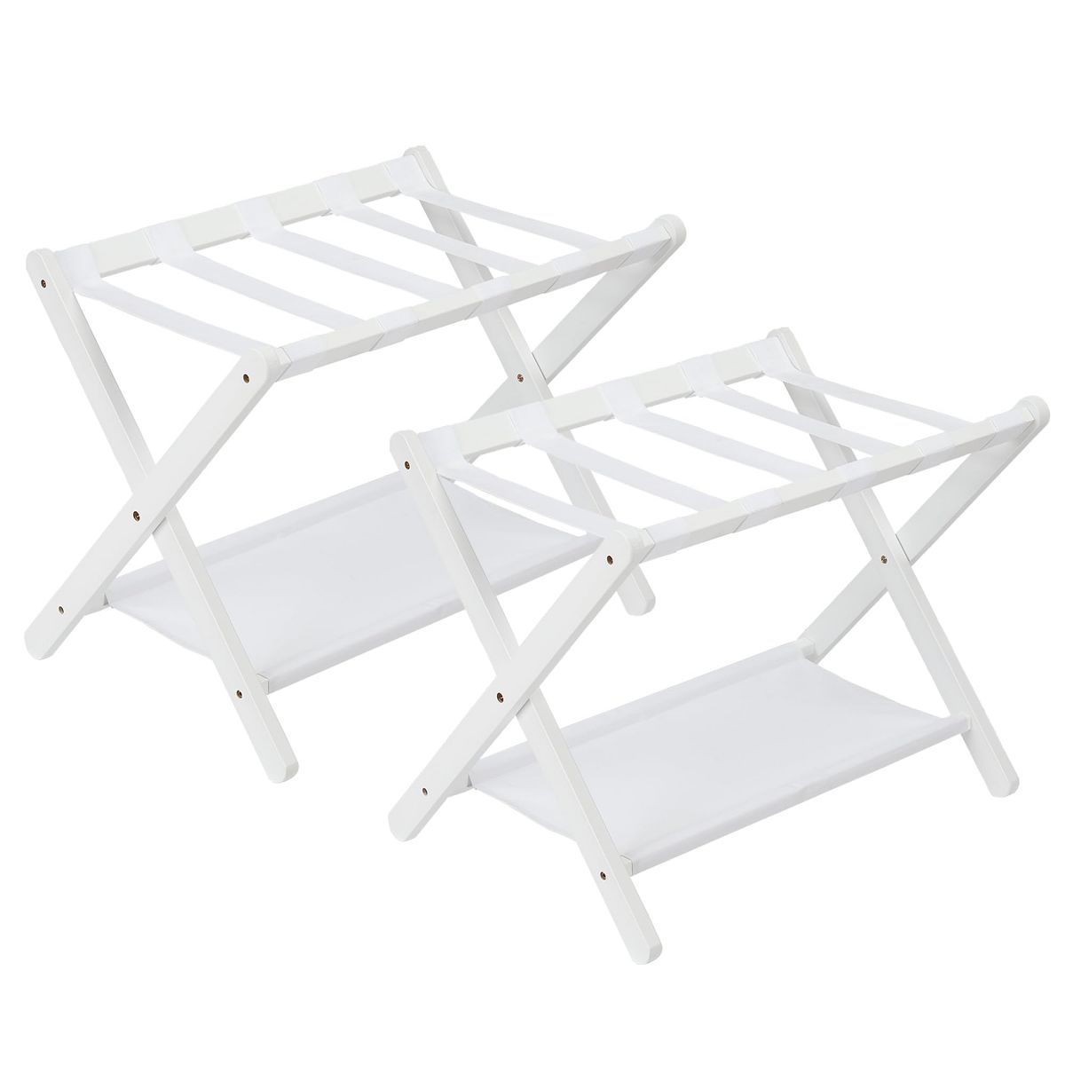 2-Pack Folding Bamboo Luggage Rack with Storage Shelf, Suitcase Stand with Nylon Straps, 110 lb Capacity for Bedroom, Hotel, Living Room, White
