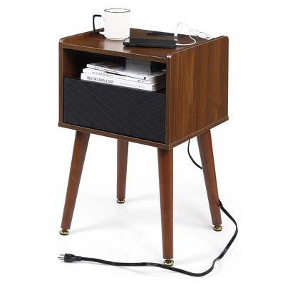 Mid Century Modern Wood Nightstand Side Table with Charging Station and Drawer