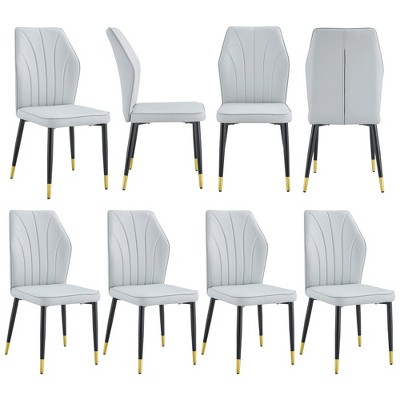 Vynxaria Set of 8 Light Gray PU Dining Chairs with Black Metal Legs