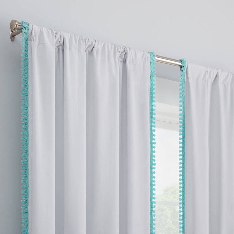 Kids' 100% Blackout Tassel Border Curtain Panel with Rod Pocket White/Teal Blue - Eclipse, 3 of 9