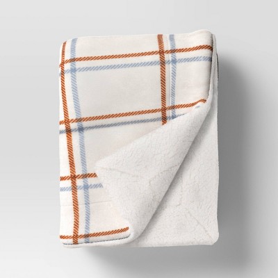 Grid Printed Plush Throw with Faux Shearling Reverse Ivory/Camel/Blue - Threshold™