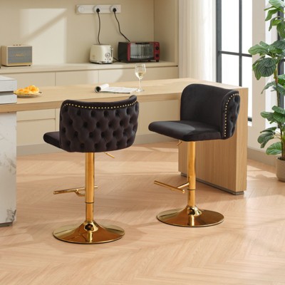 A&A Furniture,Swivel Barstools Adjusatble Seat Height With Gold-plating Base, Classic Velvet Upholstered Bar Stools ， Set of 2