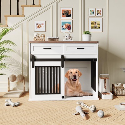 42'' Dog Crate Furniture with Storage Drawers,with 2 Sliding Barn Doors, Wooden Double Dog Cage TV Stand Multi-Functional Dog Crate End Table