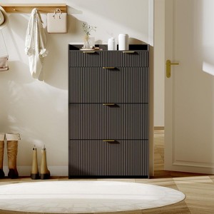 Acekool Fluted Shoe Cabinet - Slim 2-Drawer Organizer w/Adjustable Shelf & Hooks, Space-Saving Storage for Hallway, Entryway, Black - 1 of 4