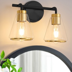POWLIG 14-in 2-Light Modern Black Gold Dimmable Bathroom Vanity Light with Cone Clear Glass Shade - 1 of 4