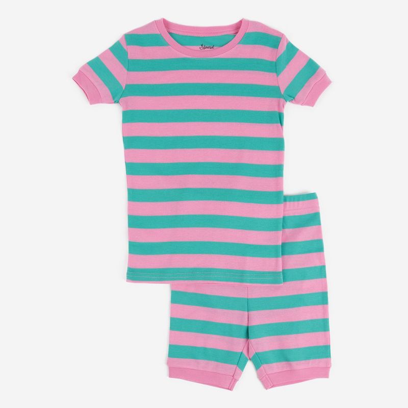 Leveret Kids Two Piece Cotton Short Pajamas Striped Aqua and Pink 4 Year
