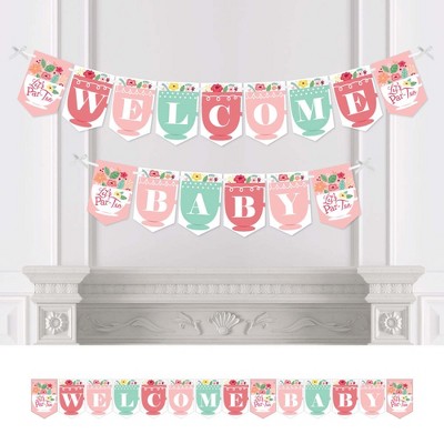 Big Dot of Happiness Floral Let's Par-Tea - Garden Tea Party Baby Shower Bunting Banner - Party Decorations - Welcome Baby