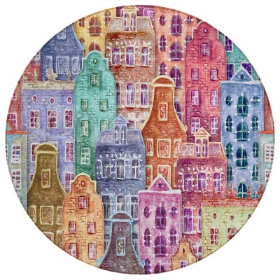 Red Gold And Teal Blue Village Houses Washable Indoor Outdoor Area Rug