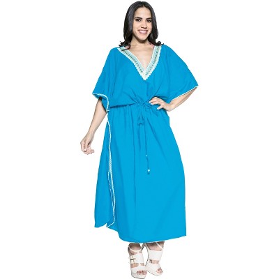 LA LEELA Women's House Daily Routine Evening Wear Vacation Holiday Casual Dailywear Loungewear Loose Caftan Maxi Robe Flowy Home Wear 3X-4X Blue Solid