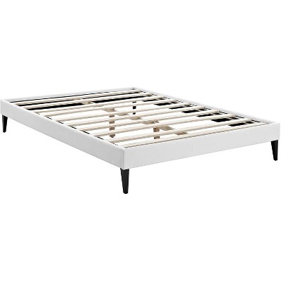 Sleek White Queen Platform Bed with Faux Leather Upholstery