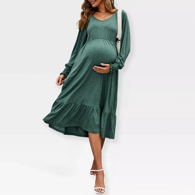 Women's Maternity Midi Dress Long Sleeve V-Neck Flowy Dress Pleated Flare with Smocked Cuffs Casual Dress,Green - 2XL