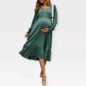 Women's Maternity Midi Dress Long Sleeve V-Neck Flowy Dress Pleated Flare with Smocked Cuffs Casual Dress,Green - 2XL - 1 of 4