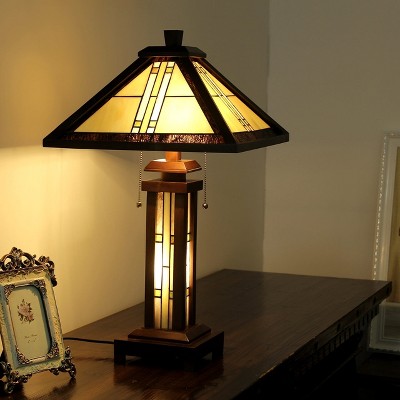 Elegant White and Brown Stained Glass Mission Table Lamp