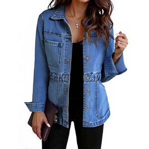 Imily Bela Denim Jacket for Women Distressed Jean Jacket Button Down Oversized Shacket with Pockets - 1 of 4