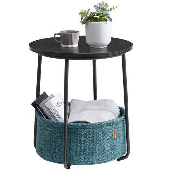 VASAGLE Small Round Side End Table, Modern Nightstand with Fabric Basket