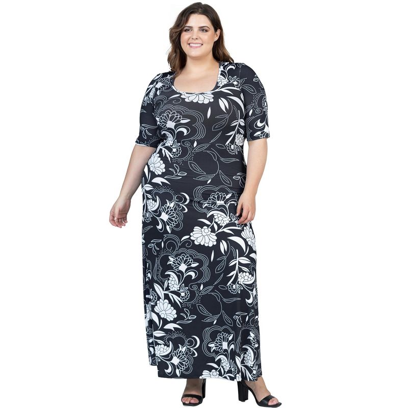 24seven Comfort Apparel Plus Size  Black and White Elbow Sleeve Casual A Line Maxi Dress, 4 of 7