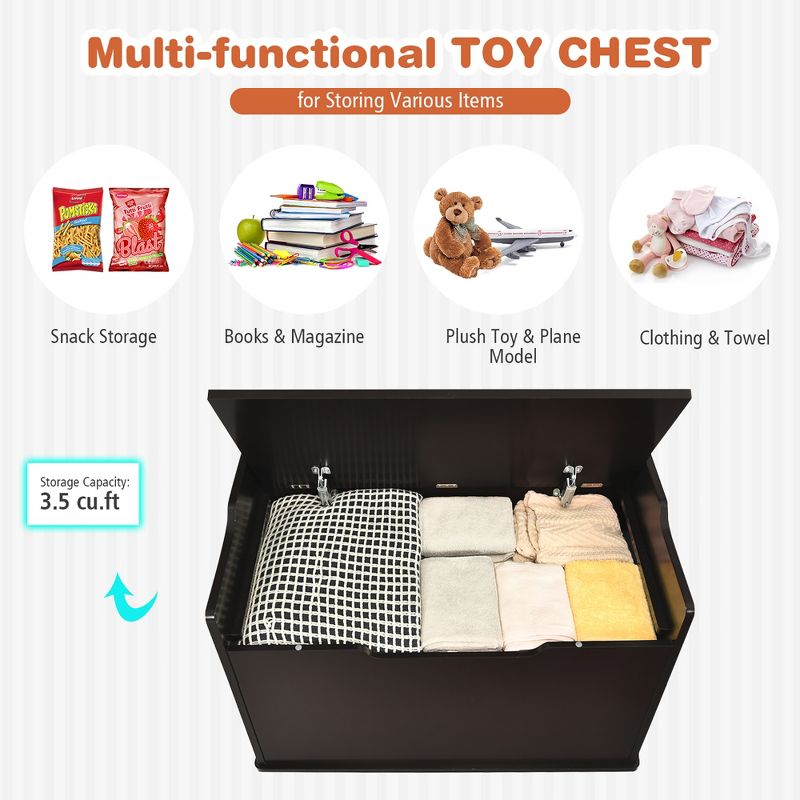Costway Kids Toy Box Wooden Flip-top Storage Chest Bench W/ Cushion Safety Hinge, 5 of 11