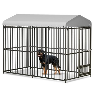Outdoor Metal Dog Kennel with Roof – Secure Pet Cage w/ Safety Lock & Rotating Feeder - 1 of 4